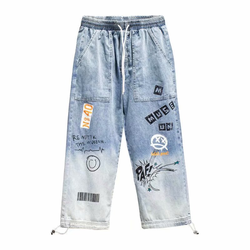 Vêtements coréens hommes lettre imprimé jean taille haute Baggy jean dessin animé Graffiti Hip-Hop pantalon jean bleu