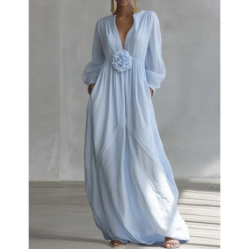 Robe longue bohème pour femme, col en V, manches longues, couleur unie, élégante et fluide, avec fleurs 3D, collection Printemps 2026