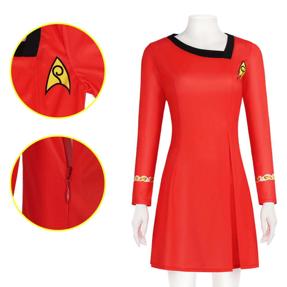 Costume de Cosplay de Star de Cinéma, Uniforme de Crew de Science-Fiction Rouge et Bleu pour Femme, Tenue de Capitaine TOS de Star Trek, Déguisement pour Halloween et Fêtes Costumées