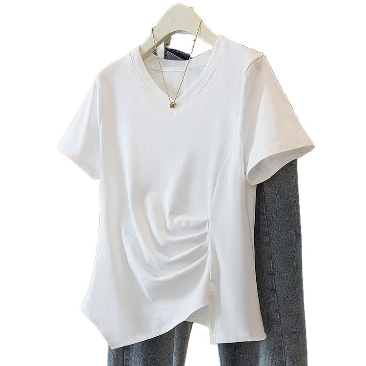 Vêtements pour femmes de grande taille, printemps et été, nouveau t-shirt décontracté ample et fin à plis irréguliers à l'intérieur et à l'extérieur, à manches courtes