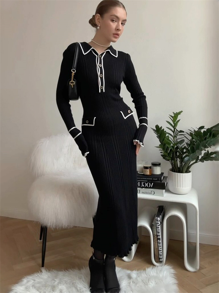 Tossy à volants mode robe en tricot femmes automne côtelé contraste à manches longues taille haute revers robe robe tricots dames robe Maxi