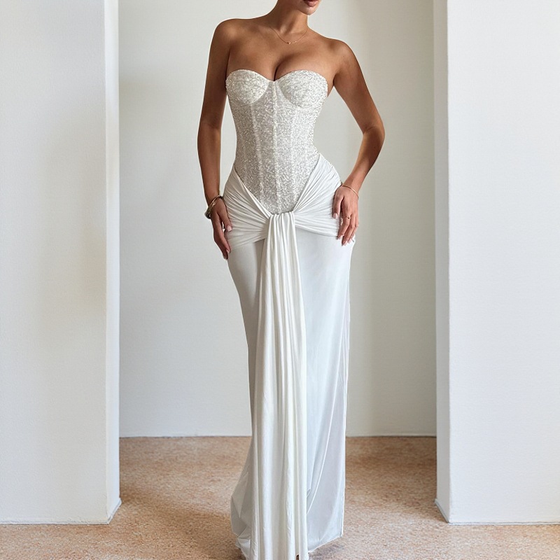 Robe femme mode dos nu solide mince longue robe de soirée élégante été ruban paillettes discothèque Sexy robes de soirée Cocktail