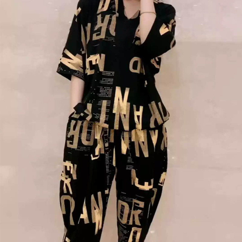 Costume femme 2025 été nouveau décontracté coréen ample imprimé hauts sarouel 2 pièces ensemble correspondant à la mode grande taille vêtements pour les femmes