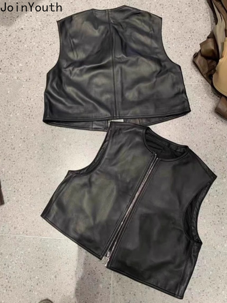 FibrglaCardigan-Gilet en cuir à col rond pour femmes, débardeurs en PU noir, haut court vintage, vêtements à la mode avec fermeture éclair, 2025