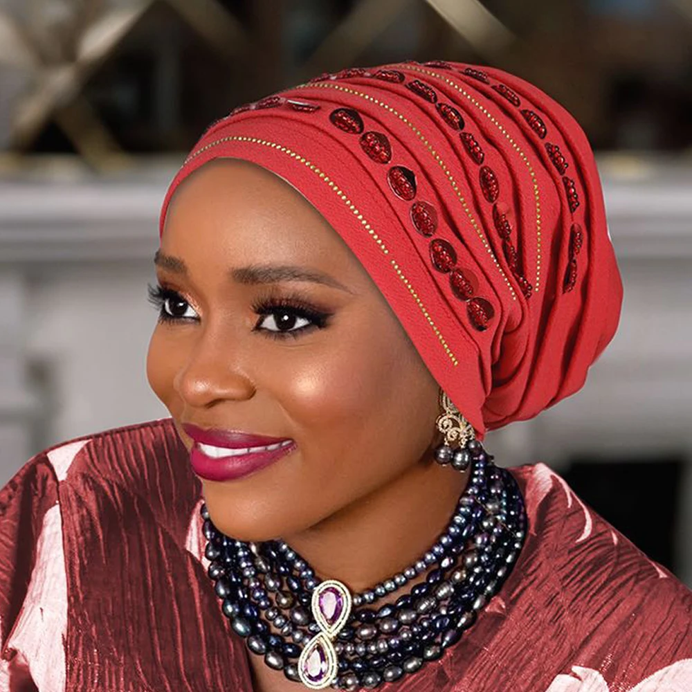 Nouveau diamants Turban casquette pour femmes musulman Hijab Bonnet foulard Nigeria Geles chapeau de mariage africain Auto Gele chapeaux tête enveloppement