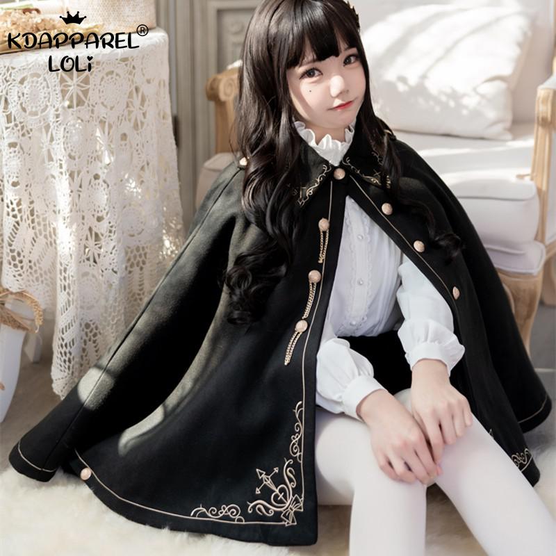 Manteau d'automne en laine pour femmes, Cape noire, Style Preppy, broderie dorée, princesse gothique, école de magie, pour étudiants, nouvelle collection