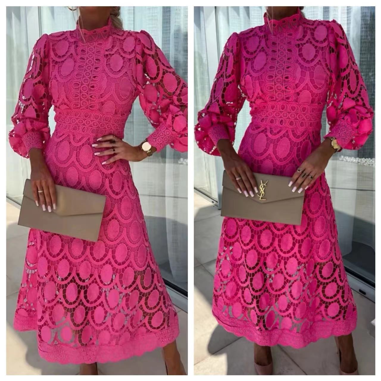 Robe mi-longue en dentelle française, col montant, manches bouffantes, élégante, moulante, pour femmes