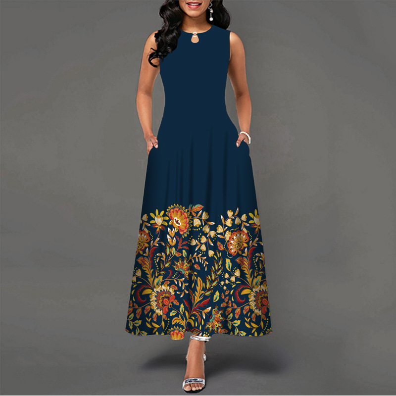 Robe longue décontractée rétro pour femmes grandes tailles avec poches, imprimé floral, robe swing
