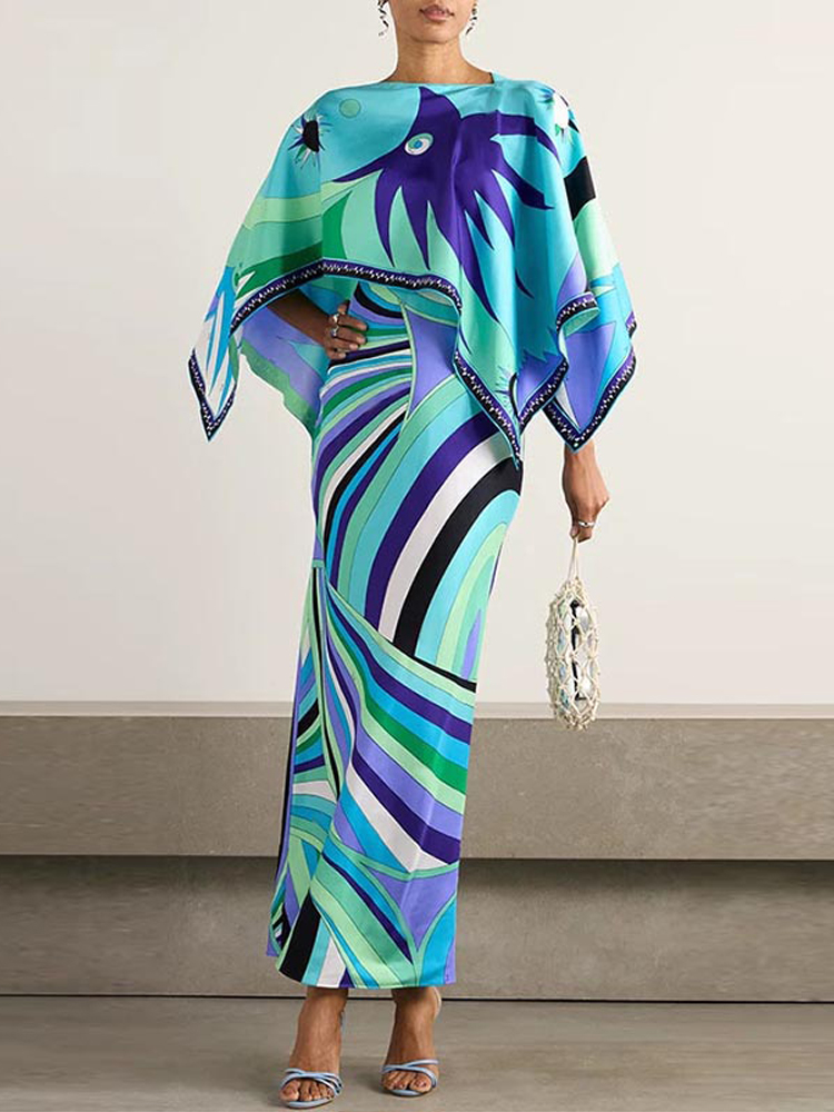 Ensemble élégant pour femme : haut imprimé à col rond et manches cape, jupe longue fluide taille haute – Idéal pour la plage, les vacances et les soirées estivales