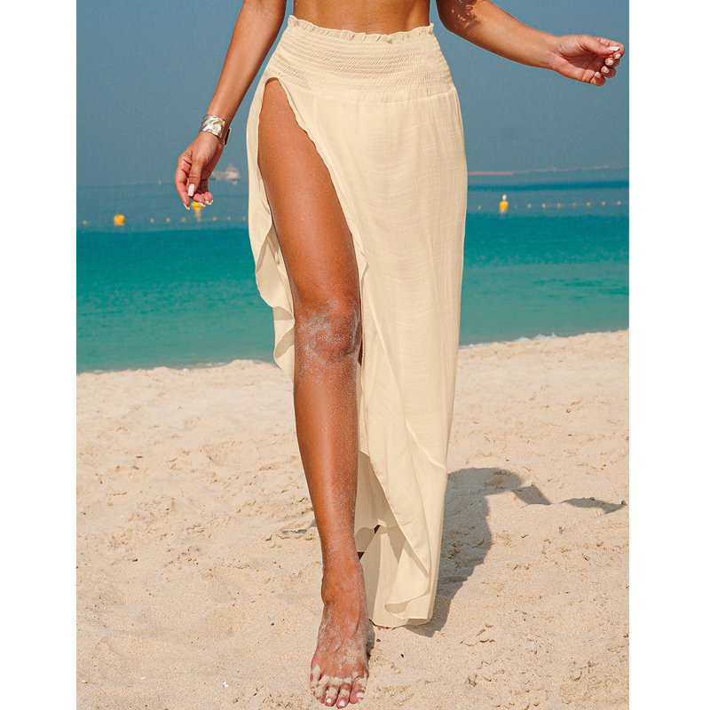 Jupe de couverture Simple à ourlet irrégulier pour vacances à la plage, demi-jupe transparente de couleur unie avec fente latérale, Style décontracté