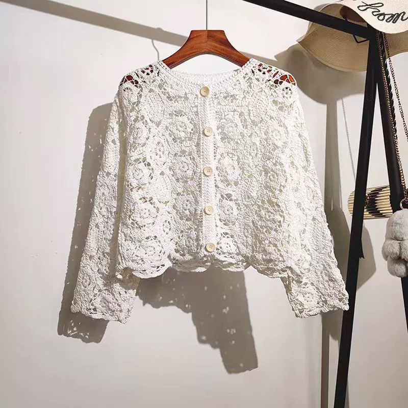 Manches longues Crochet haut en tricot plage Bikini couvrir boutonné Cardigan Blouse femmes blusas para mujer vacances Boho tenue