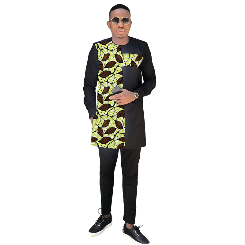 Ensemble noir de Couture africaine pour hommes, hauts en Patchwork avec pantalon, mode nigériane, Design Original, vêtements de fête, costume de marié