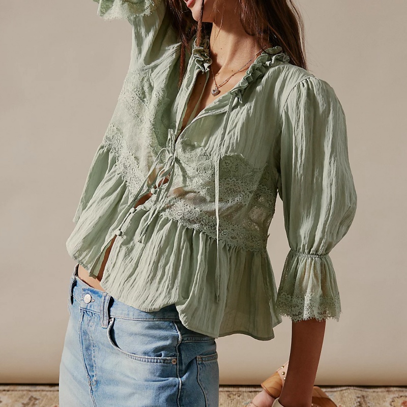 Femmes à volants nœud papillon Peplum hauts Boho pure fluide à manches courtes Blouse dentelle oeillet froufrous Babydoll t-shirts chemise Streetwear