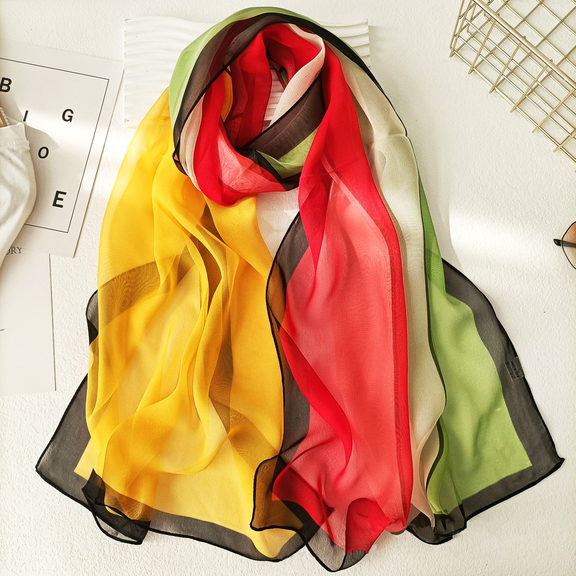 Foulards longs en mousseline de soie pour femmes, écharpes de plage, crème solaire, Georgette soyeuse, écharpe d'impression dégradée, châles Hijab fins et doux, 160x50cm