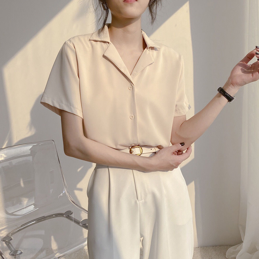 Chemisier en mousseline de soie pour femme, chemise élégante, manches courtes, col en V, décontracté, solide, coréen, chic, simple, tunique, été