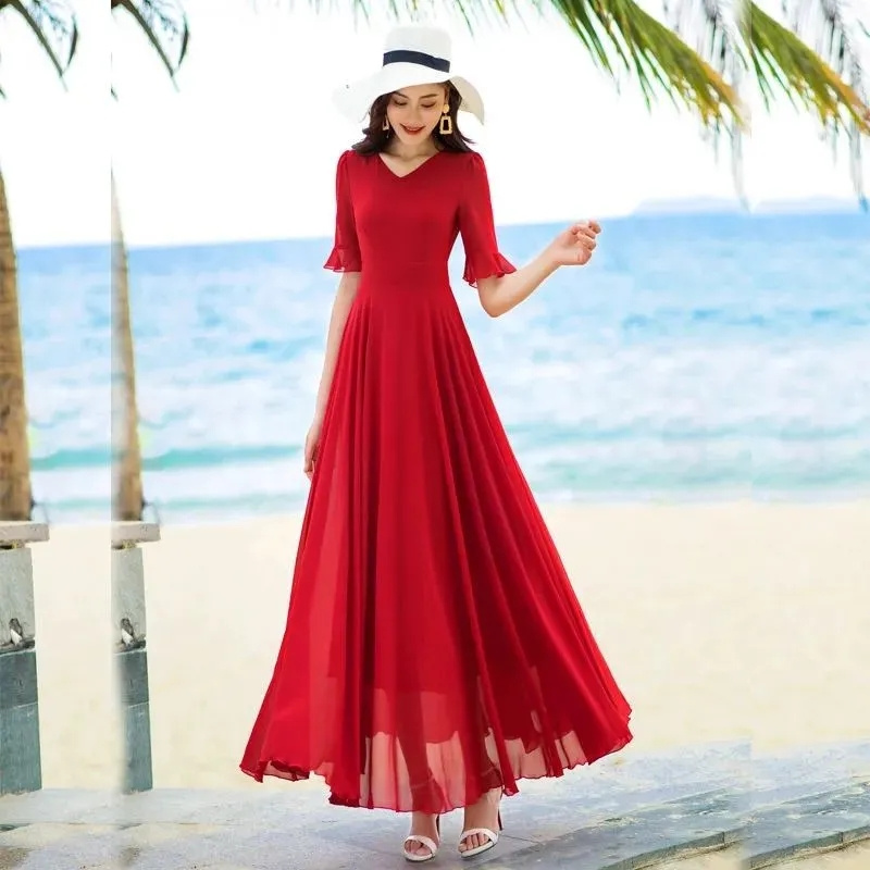 Femmes nouveau col en v jupe longue florale femme 2025 été élégant vacances Cool sentiment en mousseline de soie taille cintrée jupe impression robe
