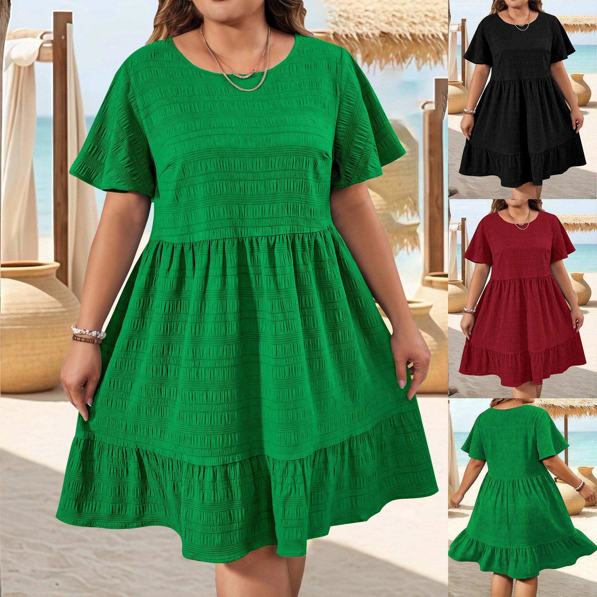 Robes d'été amples pour femmes 2026 – Vêtements grande taille élégants et tendance à col rond, patchwork, décontractées, à manches courtes