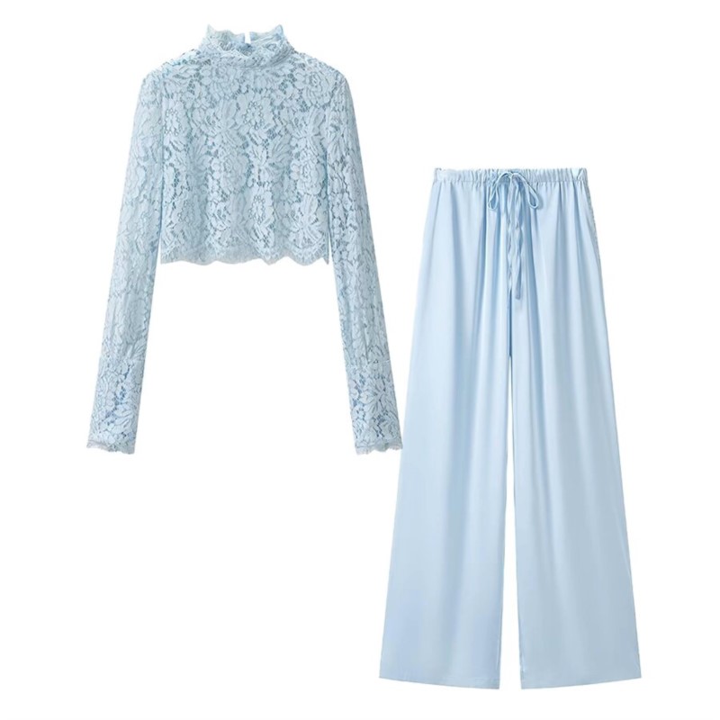 Ensemble pantalon femme Nouveauté été 2026 : Chemise à manches longues ajourée et pantalon en satin avec cordon de serrage – Tenue deux pièces pour femme