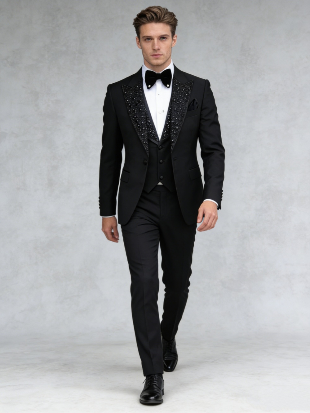 Ensemble de costume noir perlé pour homme, 3 pièces, tenue d'affaires, smoking de luxe pour homme, ensembles de mariage pour marié, costumes grande taille coupe ajustée