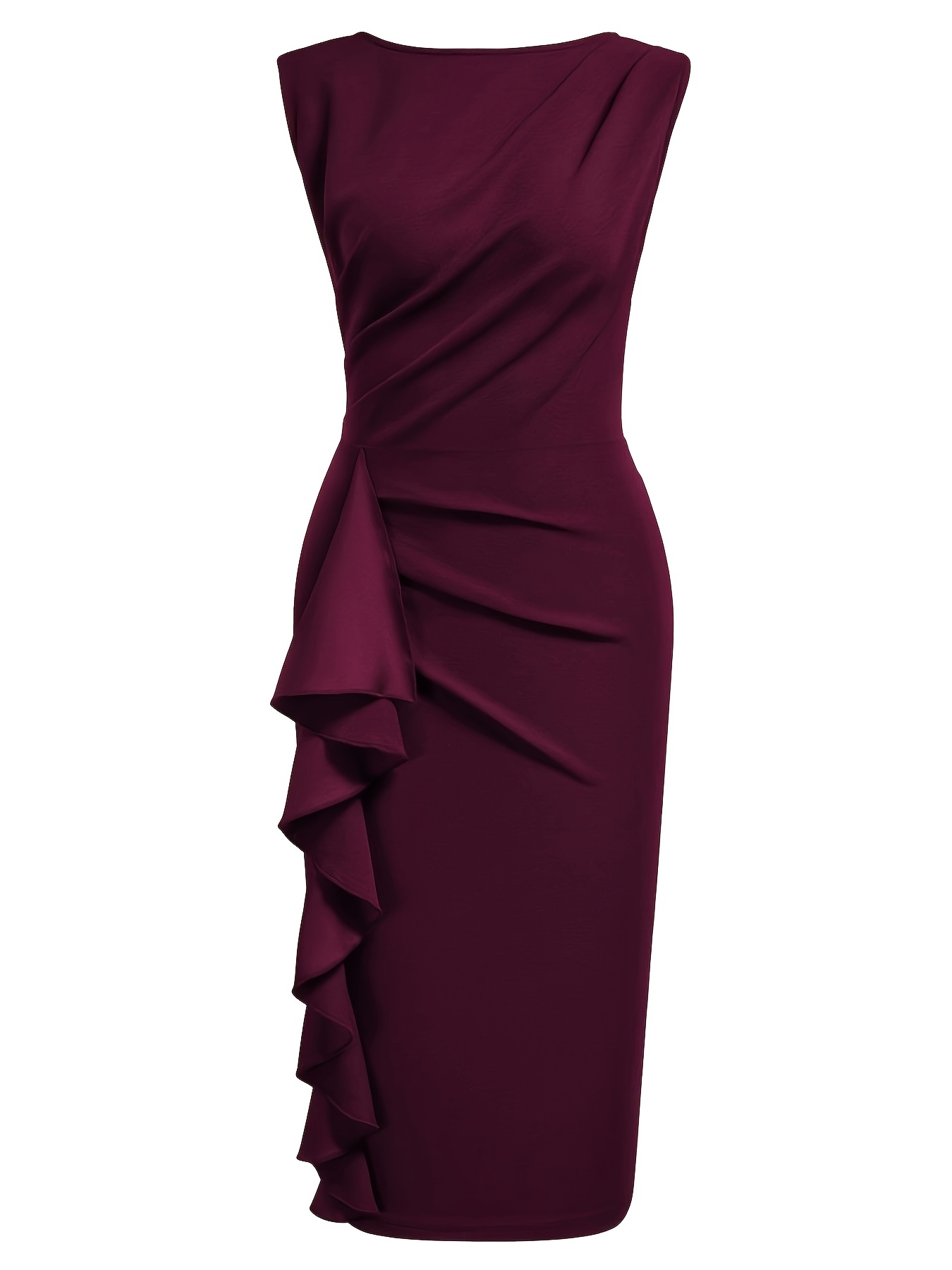 Robe fourreau élégante pour femme, col rond, sans manches, style vintage, ajustée, pour le travail, le bureau, les cocktails, les soirées, les occasions décontractées, avec volants