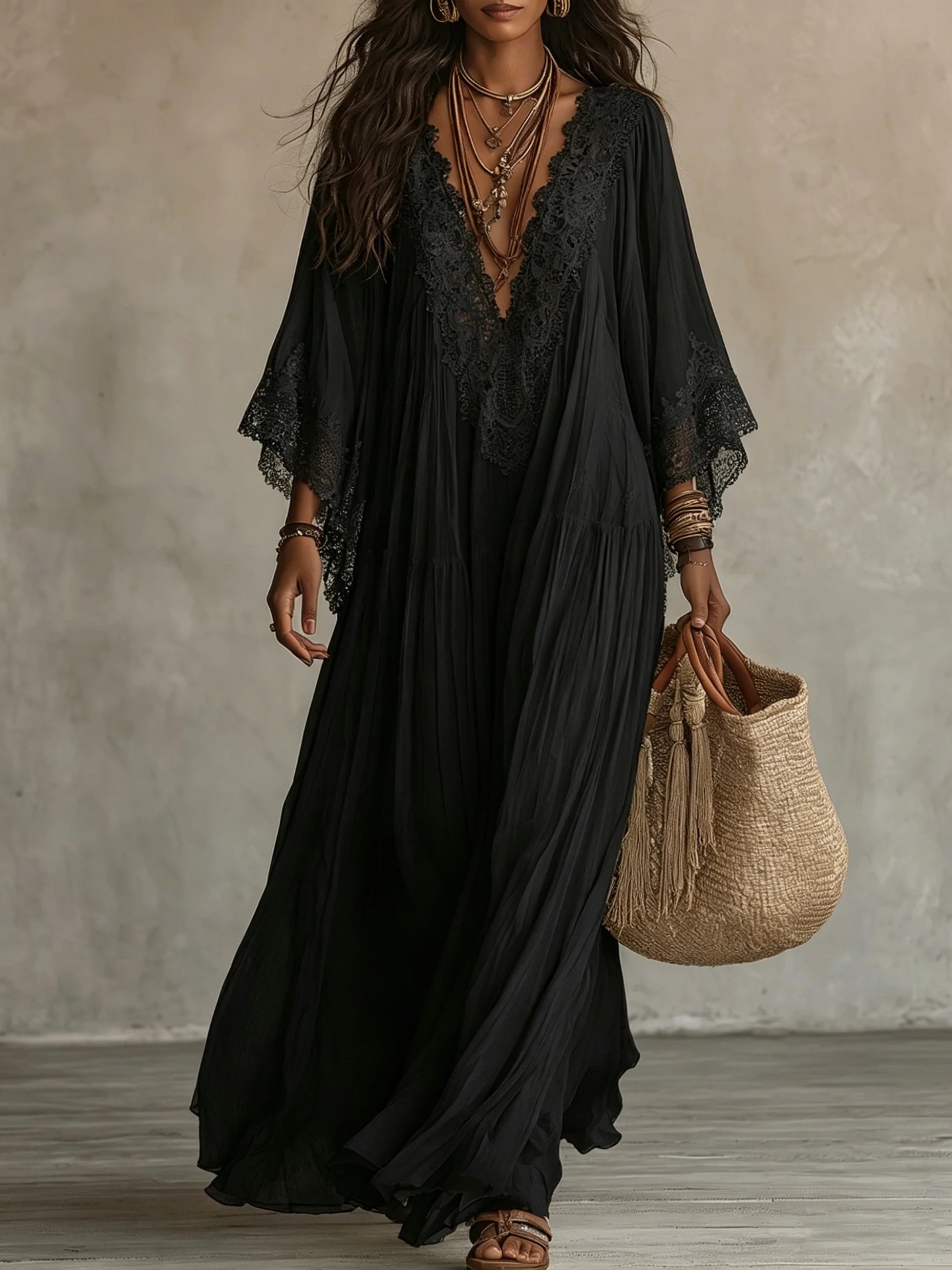 Robe longue décontractée ample pour un confort quotidien, style plage et villégiature, couleur unie, élégante et simple, col en V, manches chauve-souris, printemps-automne