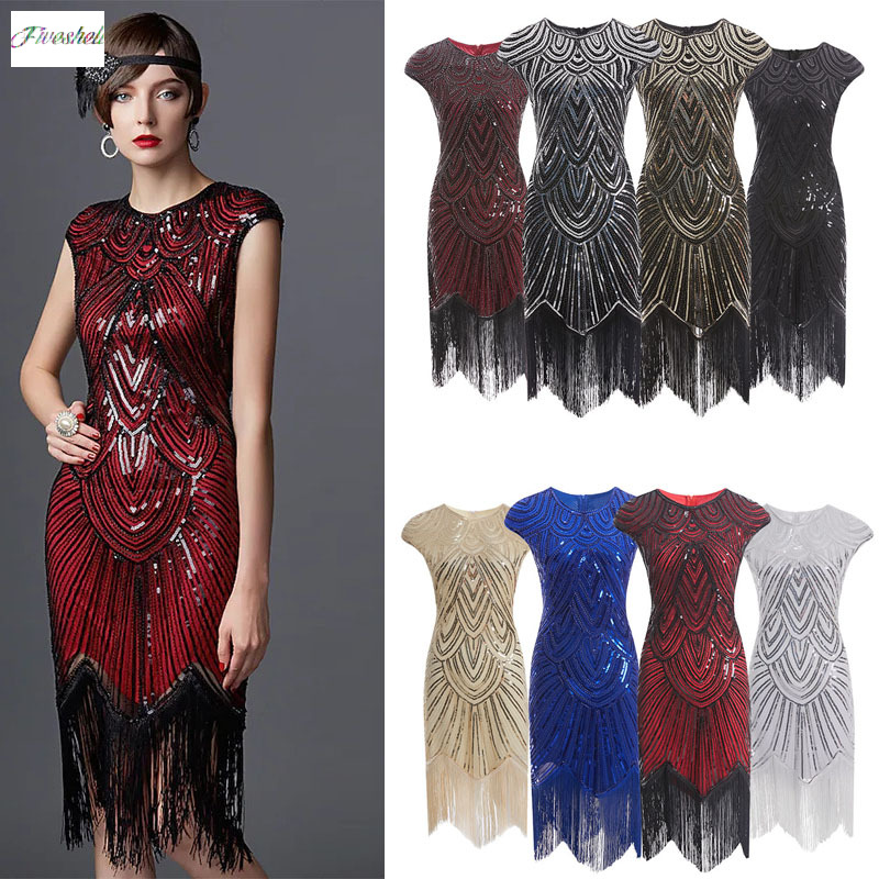 Robe longue Vintage à volants pour femmes, tenue de fête élégante à paillettes, sans manches, à franges, 1920
