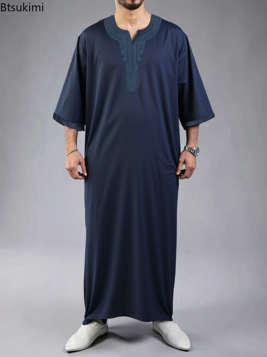 Vêtements musulmans traditionnels pour hommes, Eid, moyen-orient, Jubba Thobe, Robes musulmanes arabes à manches courtes, cadeau pour mari, 2026