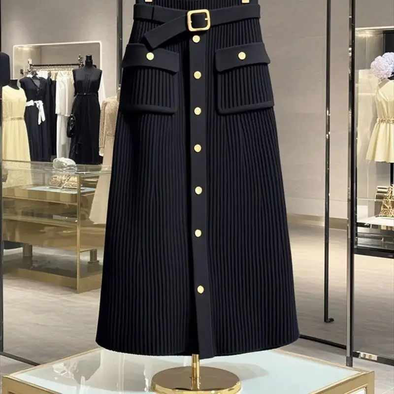 Jupe tricotée enveloppée taille haute pour femme, élégante, tenue de bureau, nouvelle mode, simple boutonnage, Slim, en laine, mi-longue, automne