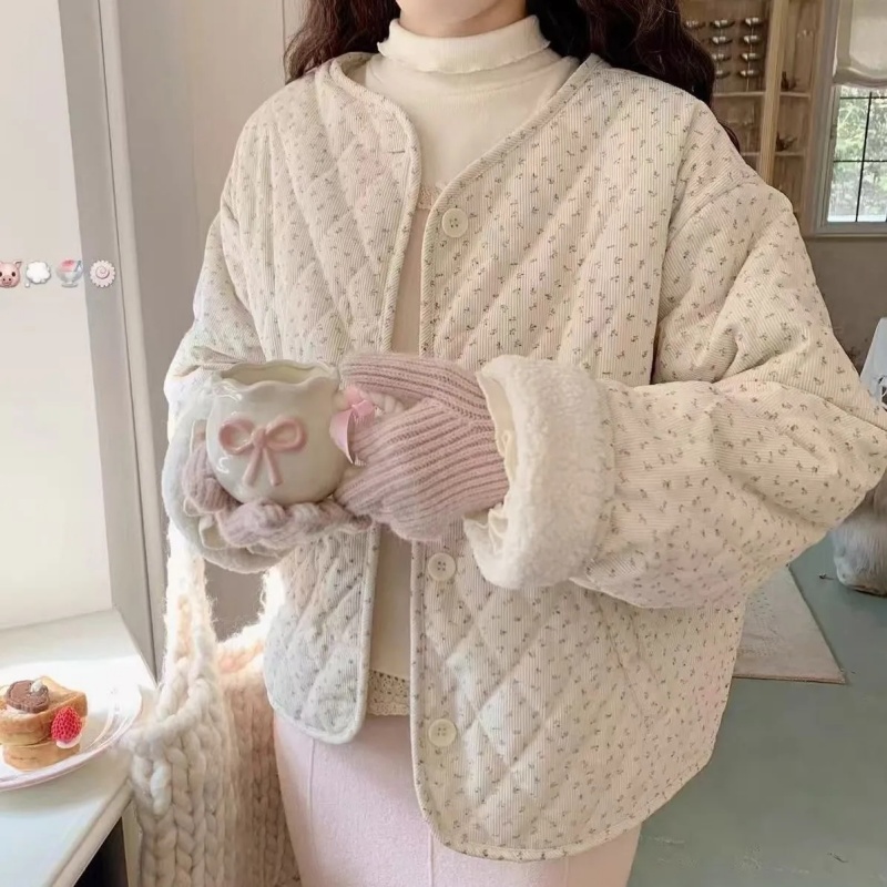 Veste Chic en velours côtelé à fleurs pour femmes, haut coréen en coton à manches longues et col rond, coupe ample, chaud et polyvalent, automne hiver