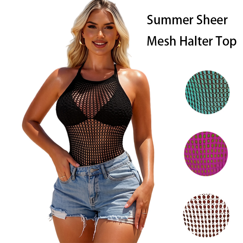 Robe de plage moulante ajourée pour femme, en maille transparente et résille, sans sous-vêtements, idéale pour festival de musique, maillot de bain