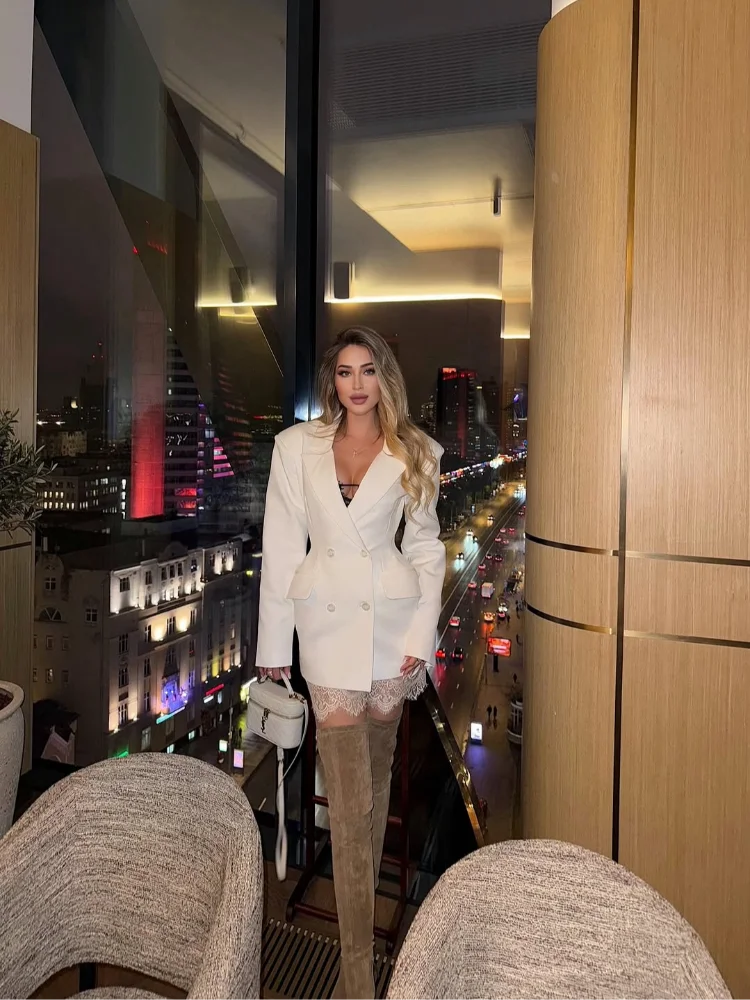 Chic blanc taille cintrée Robe femmes mode manches longues col en v profond Double boutonnage Mini Robe 2025 dame haute rue Robe nouveau