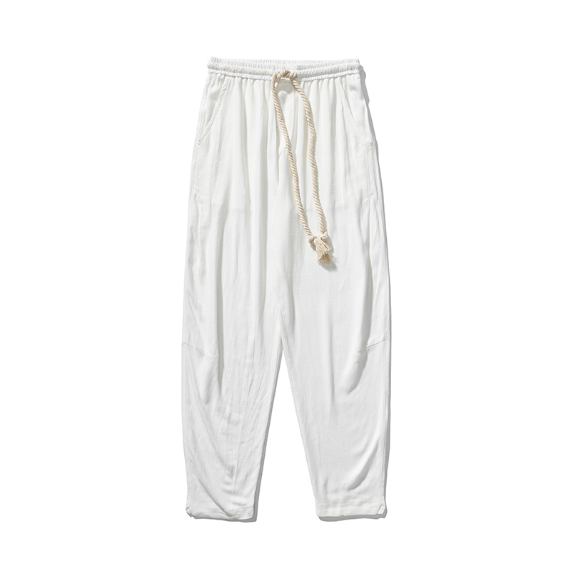 Pantalon en coton et lin pour hommes, sarouel respirant, couleur unie, Streetwear, blanc, longueur cheville, été
