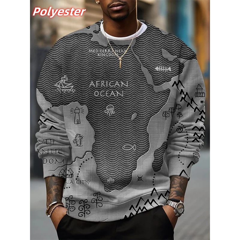 Sweat à capuche motif océan africain pour hommes, pull imprimé carte africaine en 3D, manches longues, col rond, ample, automne