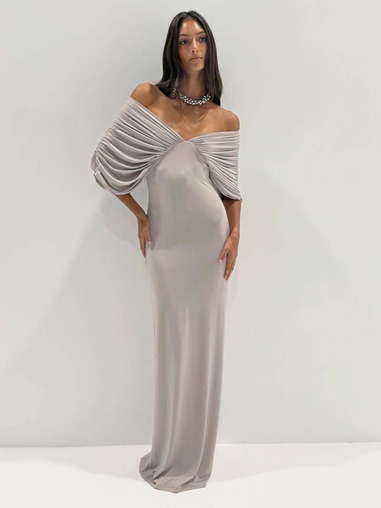 Robe longue élégante froncée Kliou pour femme, col bateau, dos nu, demi-manches, taille haute, style décontracté quotidien, simple et tendance, Vestidos