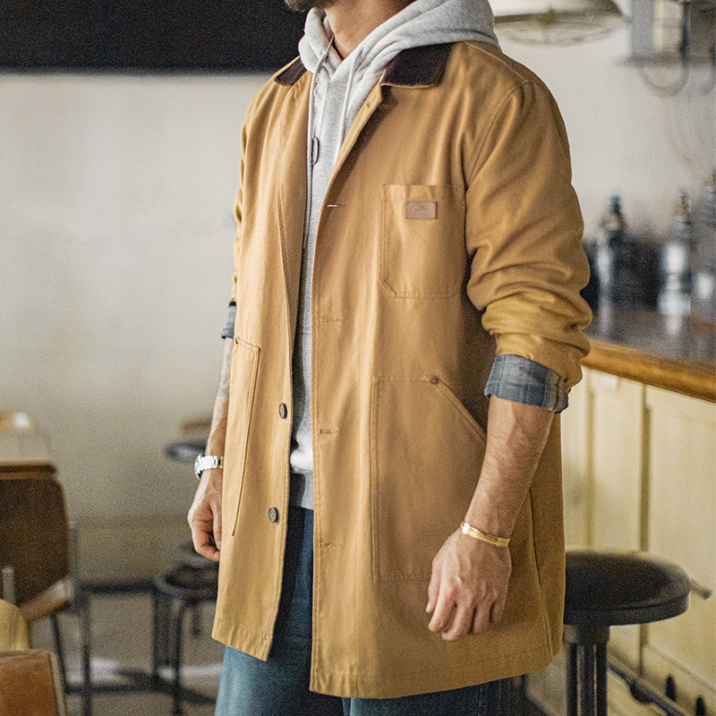 Maden Veste Michigan vintage mi-longue pour homme, coupe ample, manteau en toile lourde, kaki, vêtements de travail, vêtements d'extérieur décontractés d'automne