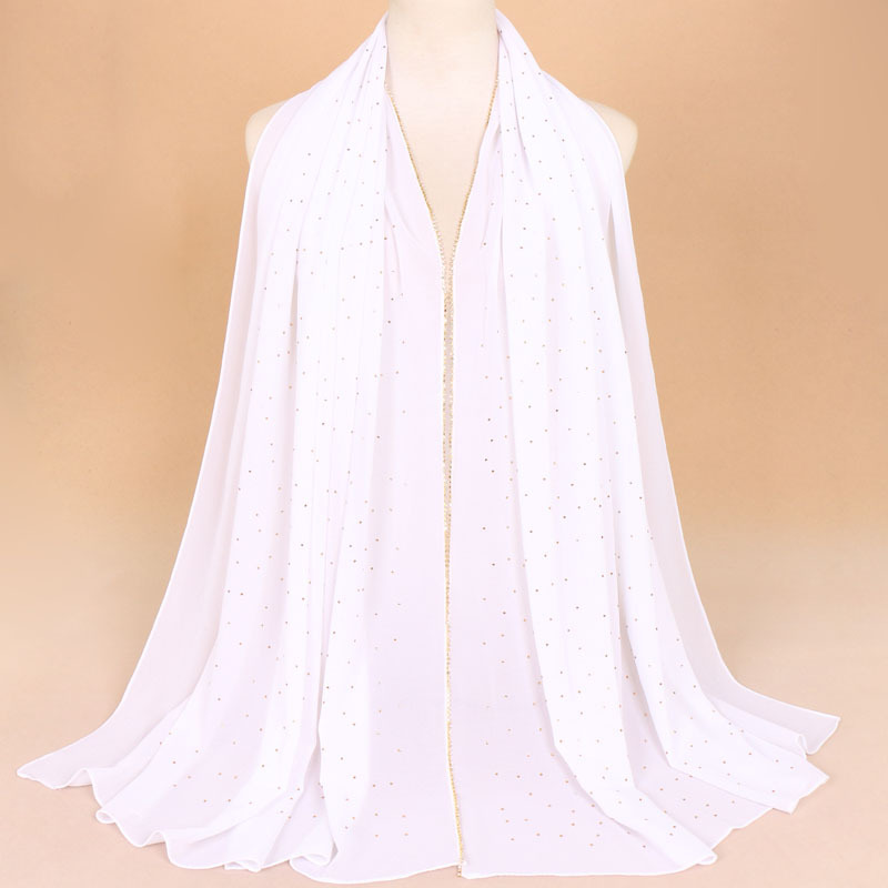Écharpe hijab longue en mousseline pour femme, couleur unie avec chaîne de perles et décorations entièrement en strass, qualité supérieure