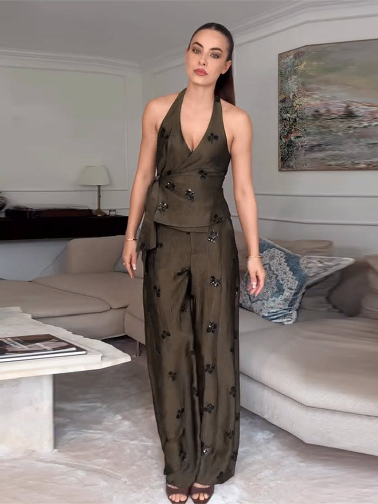 Ensemble pantalon brodé de sequins pour femme, haut sans manches à col licou et lacets, pantalon large, décontracté et élégant, collection été 2026
