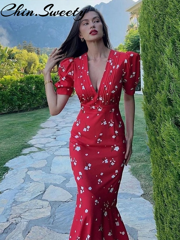 Robe imprimée urbaine pour femmes, décolleté en v profond, mode bouffante, manches courtes plissées, Empire, robes de soirée Chic, été, 2025