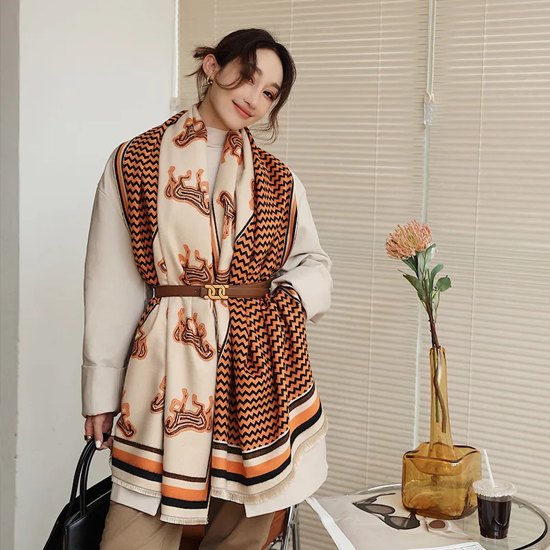 Écharpe en cachemire pour femme, Pashmina chaud, Foulard Lady Horse, Optique féminine, Châles doux, Wraps, Couverture, Marque de luxe, Hiver
