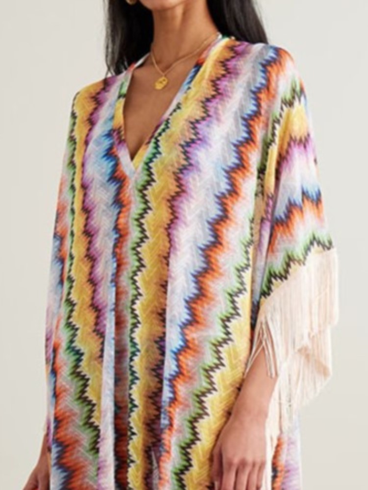 Robe longue style bohémien imprimé ondulé pour femmes, mode décontractée, Style vacances, col en v irrégulier, ample, pompon, Patchwork, robe de plage