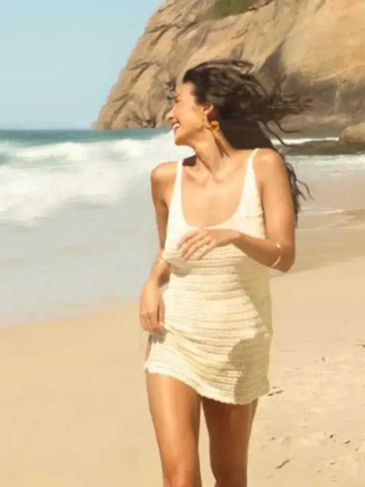 Robe de plage sexy à col en U sans manches en tricot à rayures horizontales avec découpes latérales, collection été 2026, mini-robe pour femme K90
