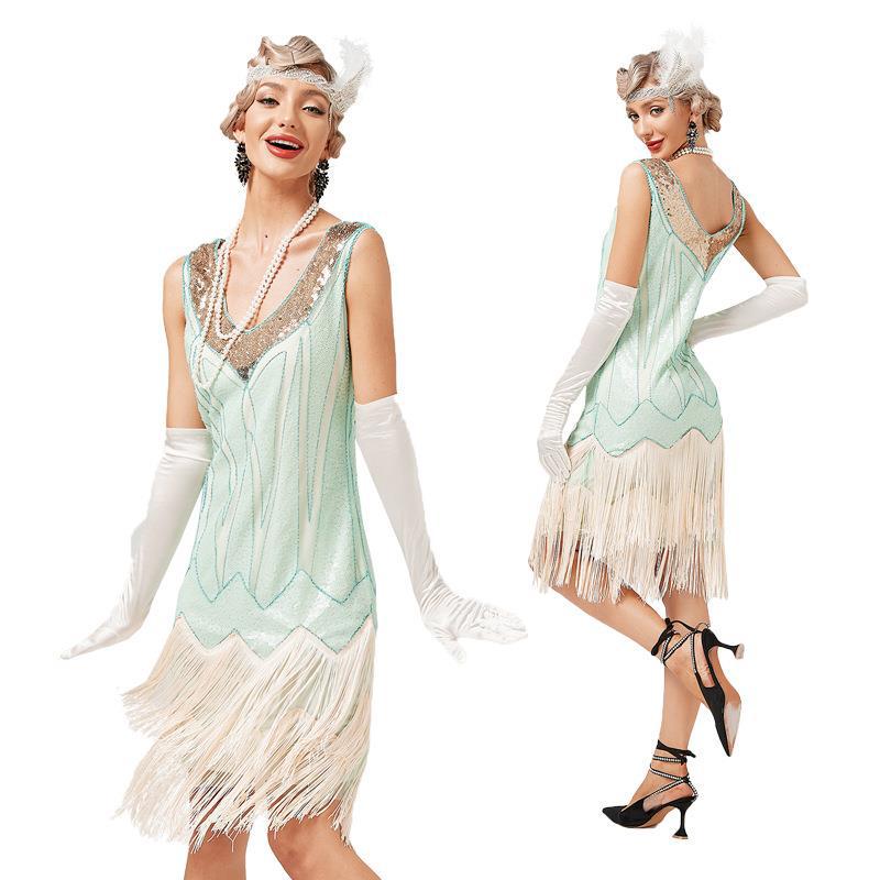 Robe de cocktail évasée à franges pour femmes, jupe longue, grande robe de soirée, paillettes de fibrine, pompon, vintage, testostérone, années 1920, été