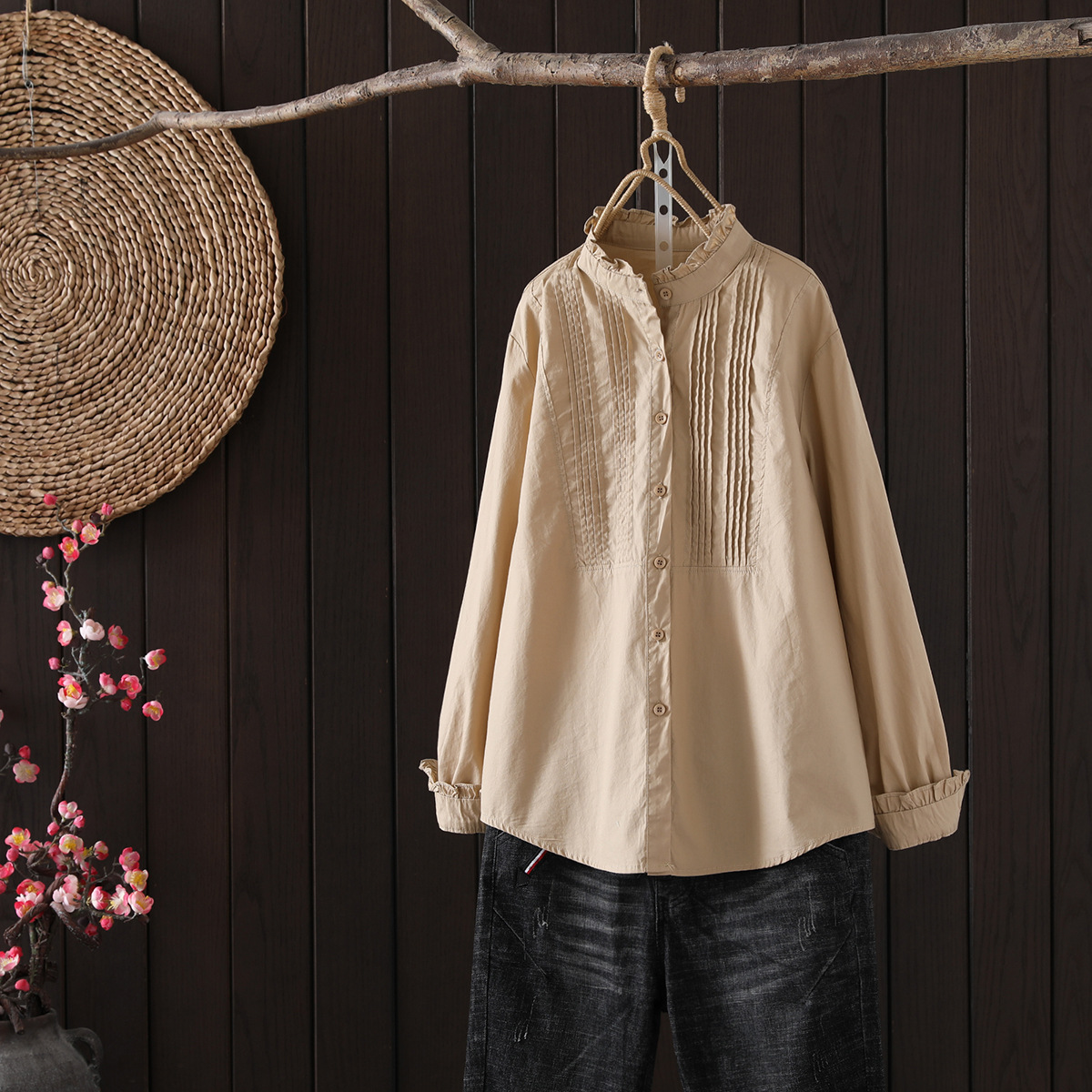 Blusas Mujer De Moda col montant Blouse femmes à manches longues coton plissé Blouse chemise haut pour femme femmes Blouses chemises Blusa