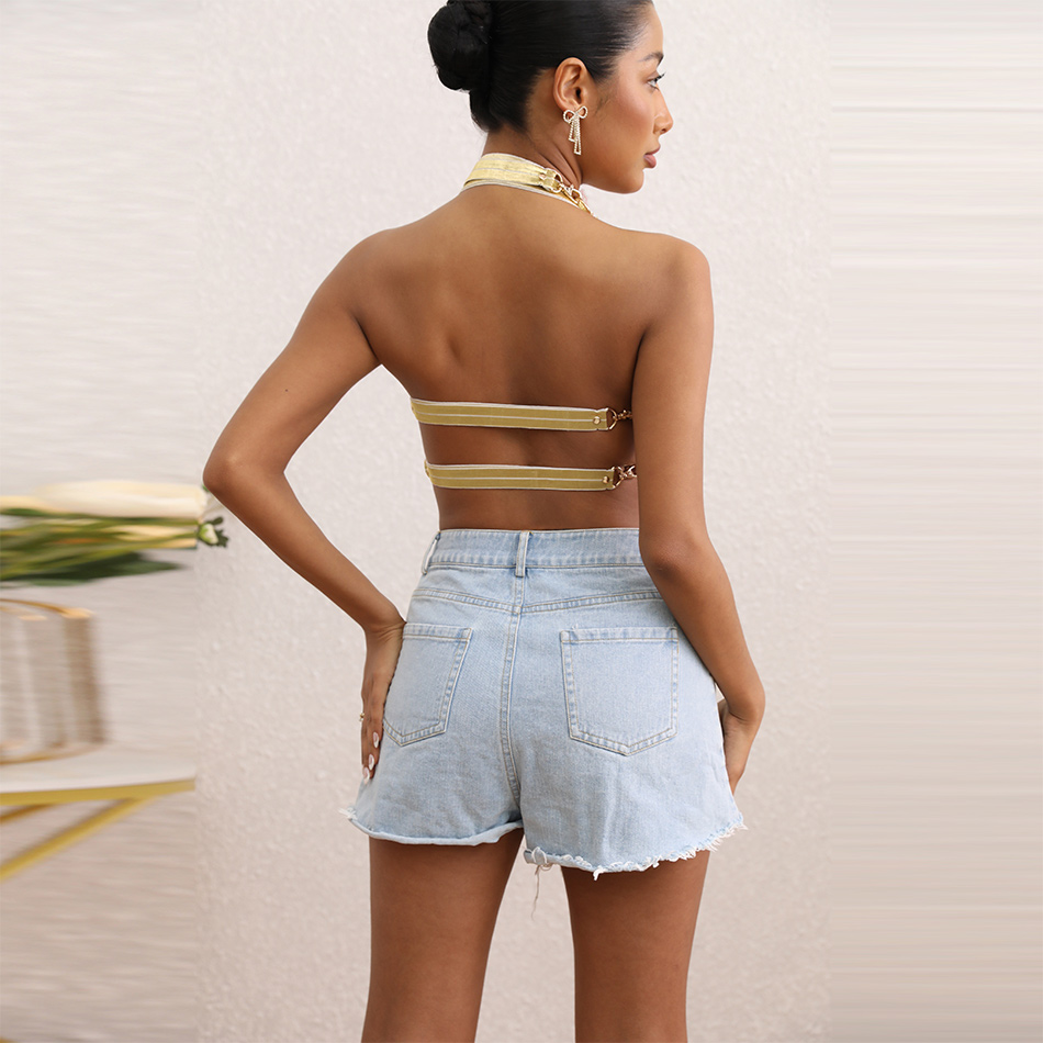 Haut court papillon brodé pour femme, col licou rose, robe dos nu sexy avec tour de cou, pendentif JOCrystal en métal drapé