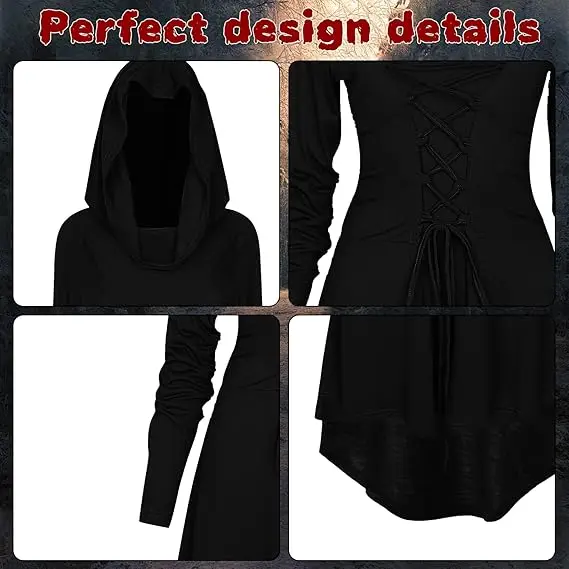 Costumes de la Renaissance pour femmes, Costume d'halloween pour femmes, Costume médiéval Vintage à capuche, robe pull haute et basse