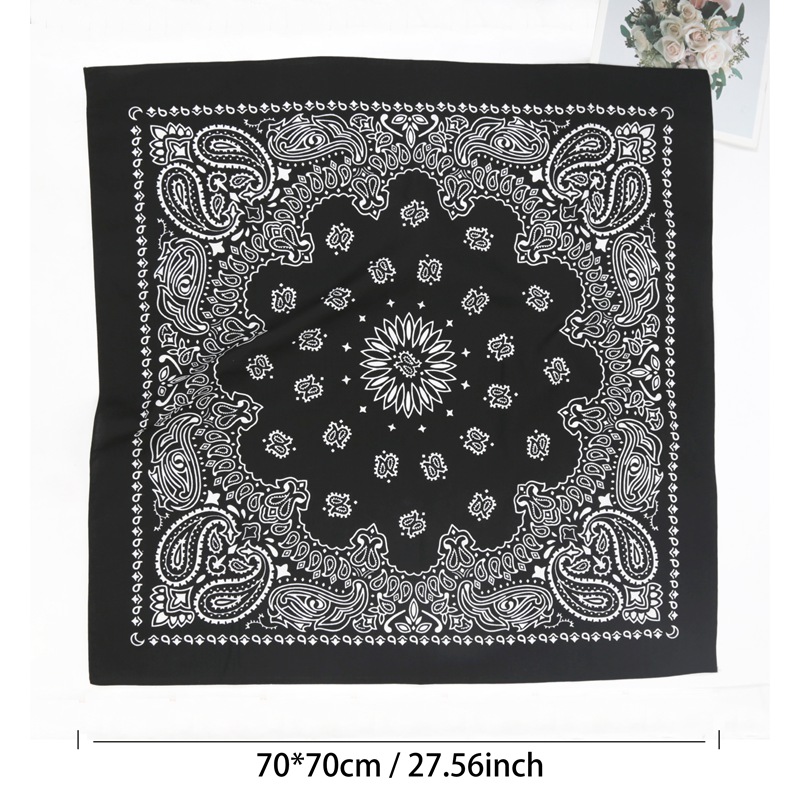 Bandana unisexe 70x70cm en coton noir 100% pour femme et homme, style hip-hop, motif cachemire, grande écharpe punk, accessoire de tête pour motard, sportif, ou bandeau.