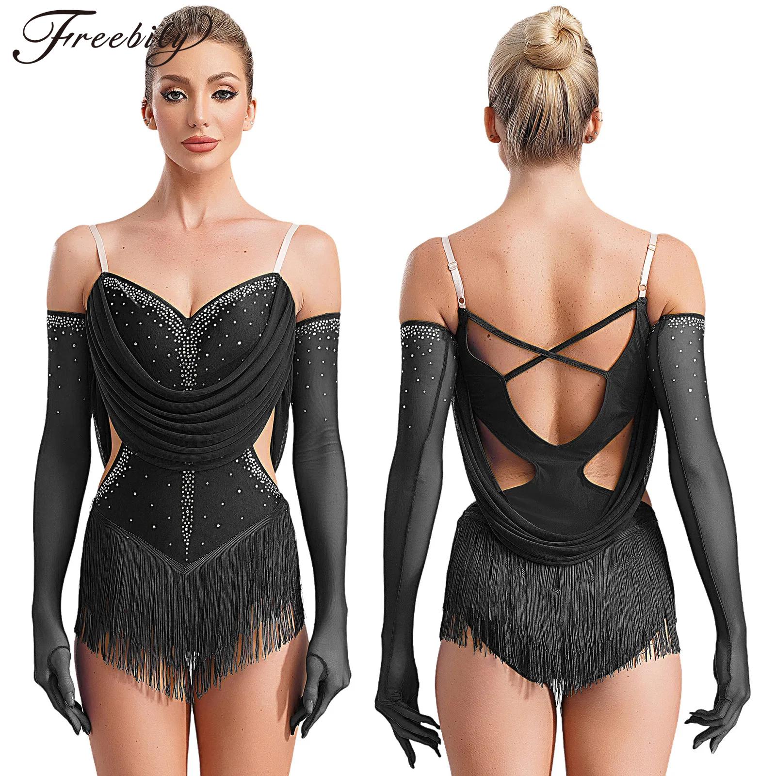 Robe de danse latine pour femmes, patinage artistique, Cha-cha, Samba, Rumba, Tango, Costume de danse de salon, Body sans manches à strass et découpes