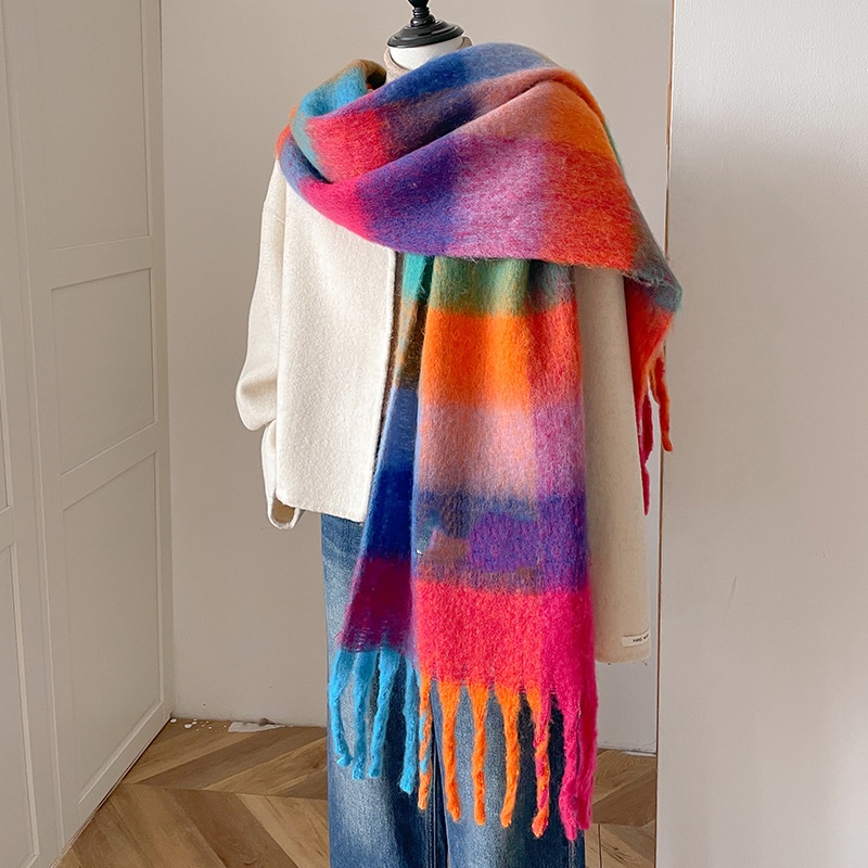Foulard à carreaux en cachemire pour femme, châle et enveloppe chauds d'hiver, Bandana Pashmina, Long pompon, épais et vierge, nouvelle collection
