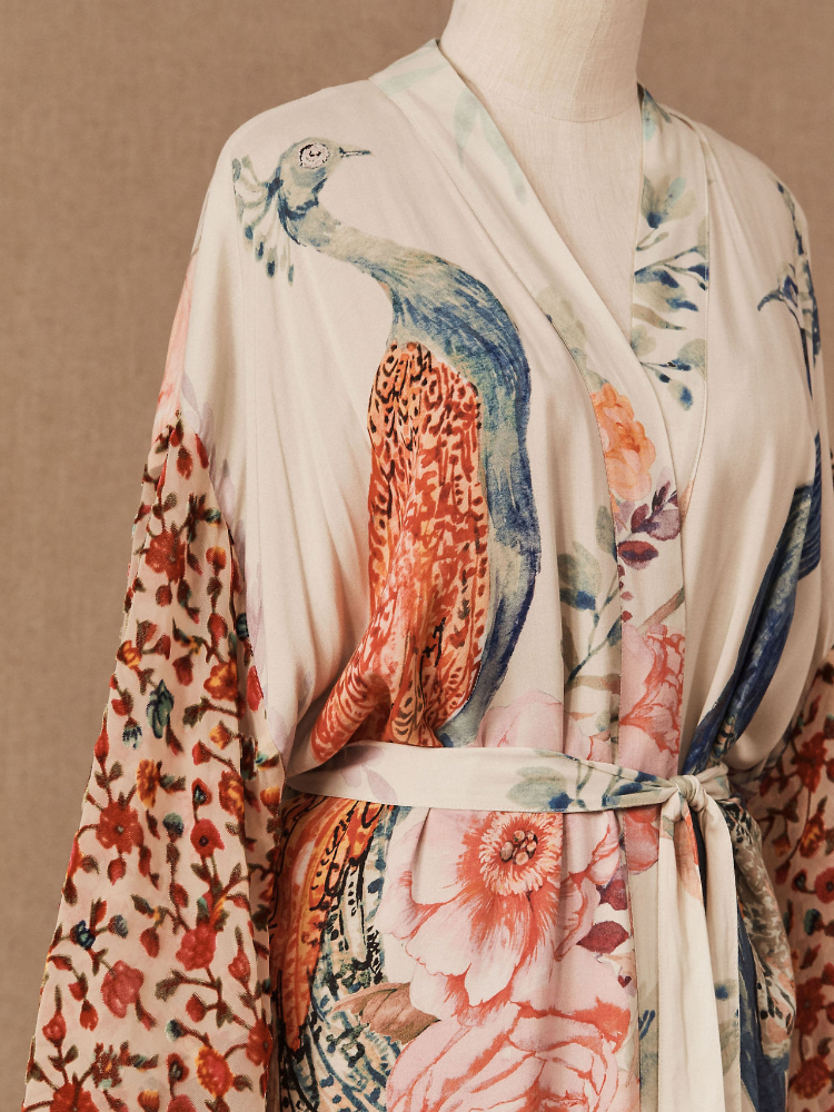 Kimono de plage imprimé Peocock pour femmes, cover-up, robes rondes auto-ceinturées, maillots de bain de bord de mer, vêtements de plage