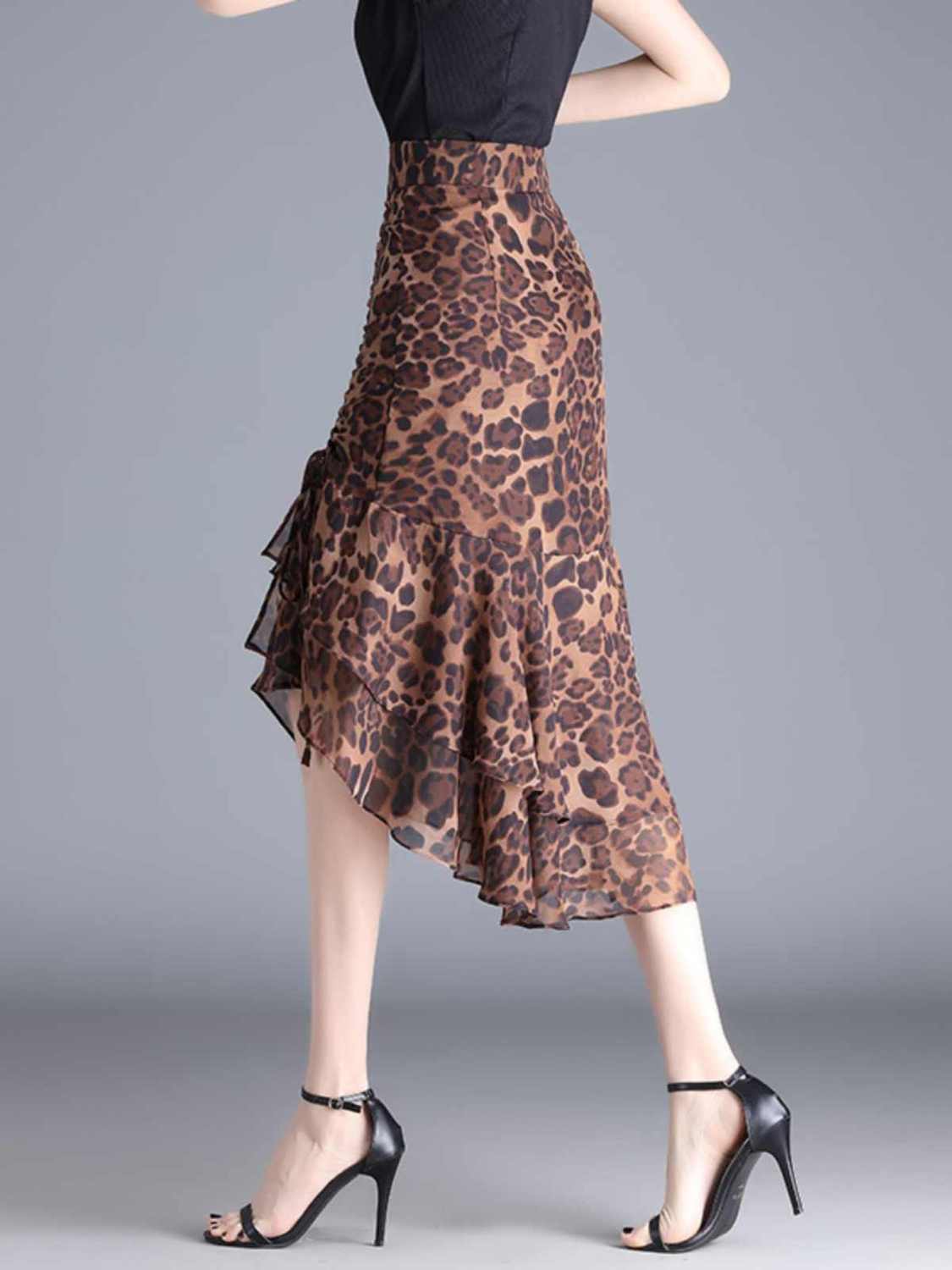 Jupes mi-longues en mousseline de soie pour femmes, taille haute, imprimé léopard, ligne A irrégulière, élégante, décontractée, Y2k, Vintage, mode coréenne V